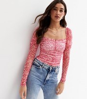 New Look Pink Ditsy Floral Mesh Ruched Long Sleeve Crop Top